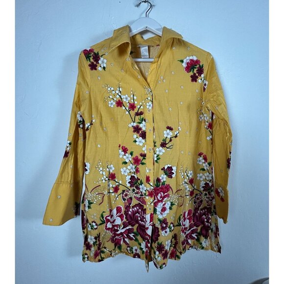 Soft Surroundings Womens Yellow Floral Button-Down Tunic Shirt Top Large Cotton - Picture 1 of 7